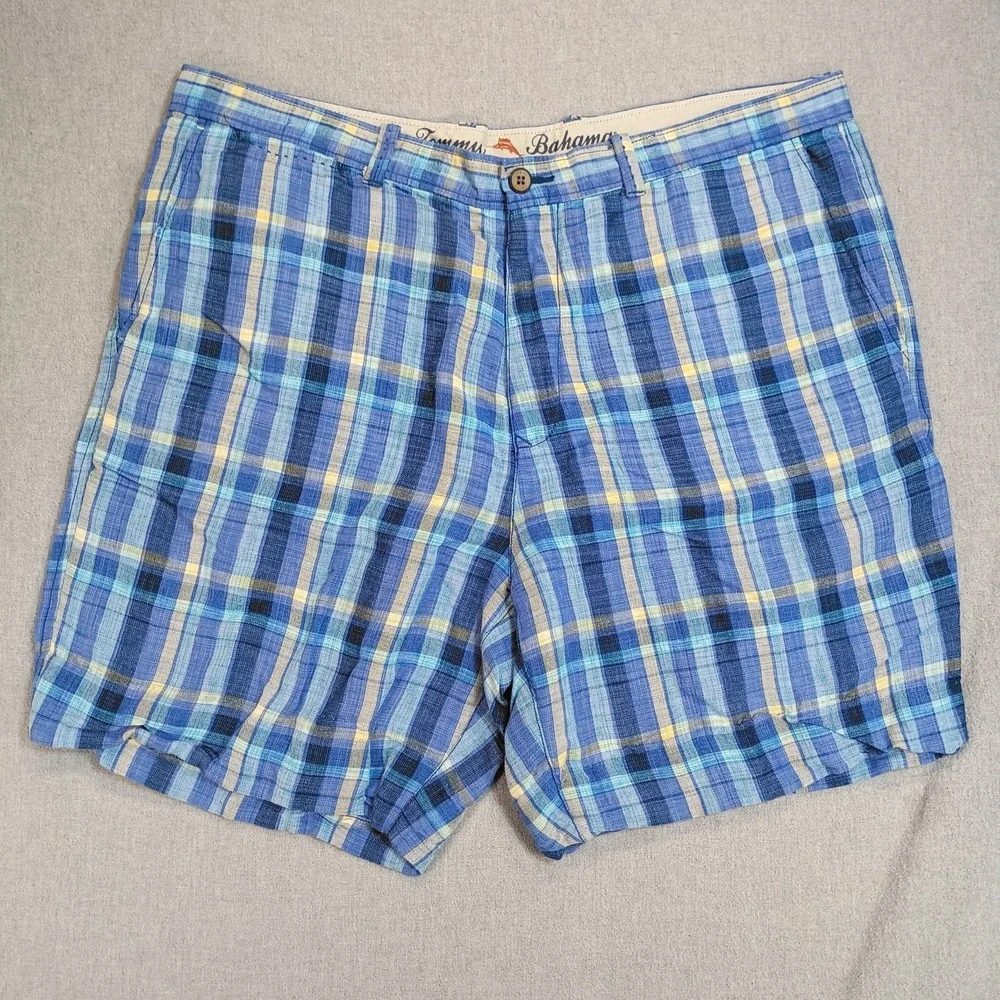 Tommy Bahama Mens Size 38 Linen Tencel Plaid Shorts Blue Resort Casual Coastal